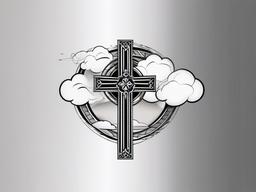 Cross Tattoo with Clouds-Symbolic and meaningful tattoo featuring a cross surrounded by clouds, capturing themes of faith and spirituality.  simple color tattoo,white background