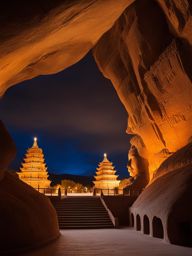 yungang grottoes - paint the mystical night view of yungang grottoes, where centuries-old buddhist sculptures and rock-cut caves are illuminated by soft, warm light. 