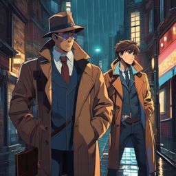 Clever anime detective and brilliant detective sidekick, holding magnifying glasses, examining clues in a rainy city alley, determined to solve a mystery, as a matching pfp for friends. wide shot, cool anime color style