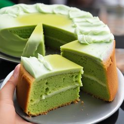 pandan chiffon cake, southeast asian green cake, devoured at a bustling food market in singapore. 