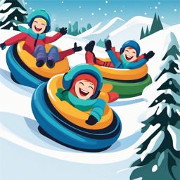 Snow Tubing Laughter Clipart - Snow tubers laughing and enjoying the ride.  color vector clipart, minimal style