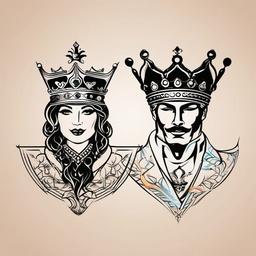 Couples Matching Tattoos King and Queen - Seal your love with matching king and queen tattoos.  minimalist color tattoo, vector