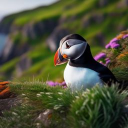 Cute Puffin Nesting on a Rugged Cliff 8k, cinematic, vivid colors