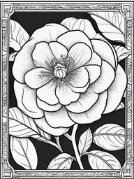 Camellia coloring page sheet - A single camellia blossom framed by dark green leaves.  black outline printable coloring page