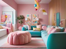 Candy Land living room features bright pastel colors, oversized candy-themed cushions, and whimsical decor, creating a joyful and imaginative space for relaxation and play.  