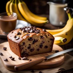 banana bread cake with chocolate chips, savored at a rustic cabin in the woods. 