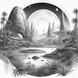 alien planetary oasis - sketch an alien planetary oasis with otherworldly flora and fauna. 