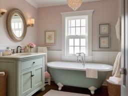 Cottage bathroom features cozy linens, vintage accents, and pastel colors, creating a quaint and charming atmosphere for relaxation.  