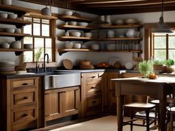 In the kitchen, rustic interior design includes open shelving, vintage cookware, and natural wood cabinets that enhance the space with charm and functionality.  