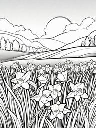 Daffodil coloring page sheet - Yellow daffodils swaying gently in a spring meadow.  black outline printable coloring page