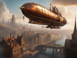 steampunk airship soaring above a sprawling, industrial cityscape. 