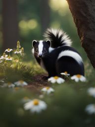 skunk kit exploring a fragrant woodland filled with wildflowers 8k ultrarealistic cinematic 