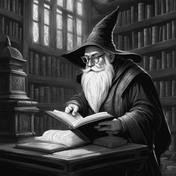 gnome wizard,enid shadowcaster,deciphering an ancient arcane tome,a dimly lit library pencil style