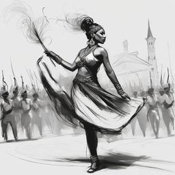 drawing of a fire dancer in a parade  minimal rough sketch scribbles,doodles,black and white