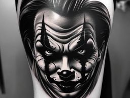 Creepy clown face tattoo: A dark twist on the classic, eerie and enigmatic.  black and white tattoo style