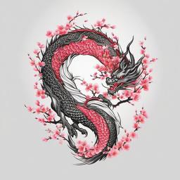 Japanese Cherry Blossom Dragon Tattoo - Mythical, strong, blossoms and dragons.  simple color tattoo,white background,minimal