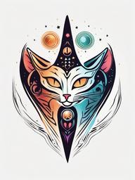 Alien and Cat Tattoo - Whimsical blend of cosmic charm and feline companionship.  simple color tattoo,vector style,white background