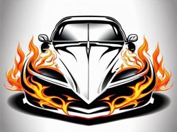 Car with exhaust flames tattoo. Symbol of intense acceleration.  color tattoo design, white background