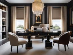 Hollywood Regency home office showcases plush fabrics, elegant accents, and a stylish desk, creating an upscale yet inviting working environment.  