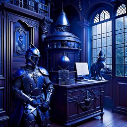 haunted castle office with haunted suit of armor and ghostly apparitions. 
