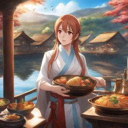 asuna yuuki,organizing a grand feast to celebrate unity among adventurers,a scenic lakeside village hyperrealistic, intricately detailed, color depth,splash art, concept art, mid shot, sharp focus, dramatic, 2/3 face angle, side light, colorful background