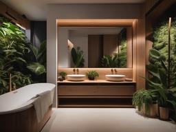 Biophilic interior design in the guest bathroom features natural materials, soft lighting, and plants that create a welcoming and tranquil space for visitors.  