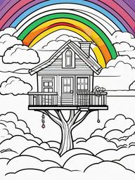 Rainbow Coloring Page - Rainbow with a treehouse in the clouds.  easy,simple,minimal,coloring pages,black and white outline