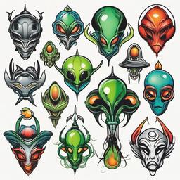Funny Alien Tattoos - Explore a collection of humorous and entertaining alien-themed tattoos.  simple color tattoo,vector style,white background