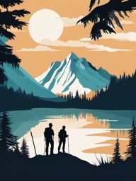 Mountain Hiking clipart - Hikers on a trail near a mountain lake., ,vector color clipart,minimal