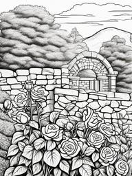 Rose Coloring Pages - Rose bush growing by an old stone wall  simple coloring pages