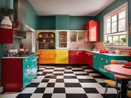 Retro kitchen features colorful cabinetry, checkerboard flooring, and playful decor that brings a fun, nostalgic vibe to cooking.  