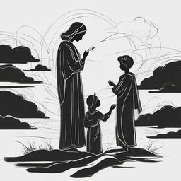 drawing of God with children  minimal rough sketch scribbles,doodles,black and white