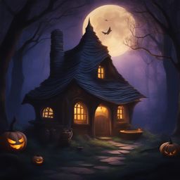 mysterious witch's cottage - create an artwork of a mysterious witch's cottage hidden deep in a spooky forest. 