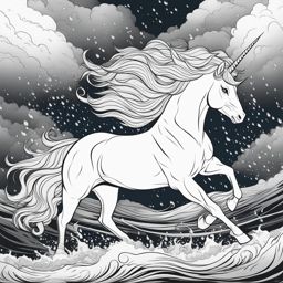 unicorn coloring pages - resilient unicorn braving a raging tempest, its coat glistening with raindrops in the storm's fury. 