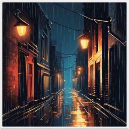 Rainy alley at night sticker- Urban solitude, , sticker vector art, minimalist design