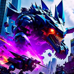 kaiju vs mech - colossal combat in a futuristic cityscape, towering machines trading blows and laser blasts. 
