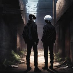 kaneki ken confronts a ghoul adversary in a dark and dilapidated back alley. 