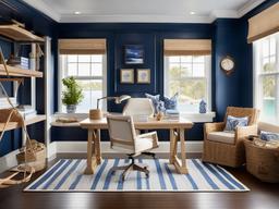 Nautical home office showcases blue and white decor, ship-themed accents, and light wood furniture that evoke a breezy seaside feel.  