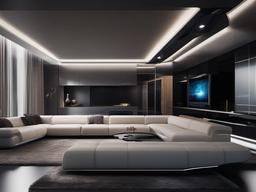 Futuristic interior design in the living room features sleek furniture, integrated technology, and a minimalist aesthetic that creates an expansive and modern atmosphere.  