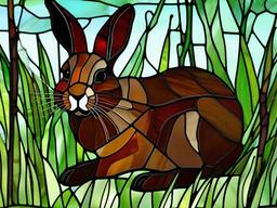 Stained Glass Rabbit - Brown rabbit nibbling on grass  