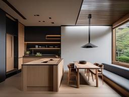 In the kitchen, Japanese Zen interior design includes clean lines, natural wood cabinetry, and a minimalist aesthetic that encourages an efficient and calming cooking environment.  