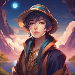 Sorcerer character in a realm of floating islands.  front facing ,centered portrait shot, cute anime color style, pfp, full face visible