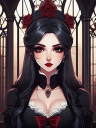 Adorable vampire character in a Gothic mansion.  front facing ,centered portrait shot, cute anime color style, pfp, full face visible