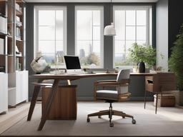 Contemporary home office showcases stylish furniture, ample natural light, and modern decor elements that enhance creativity and productivity.  