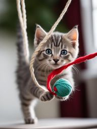 playful kitten batting at a dangling yarn ball. 