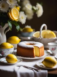 lemon drizzle cake served at a tea party in a charming english cottage. 