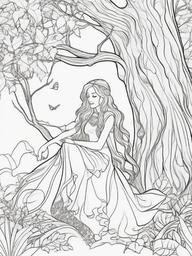 Fairy with a Magic Tree Coloring Pages - Fairy Protecting Her Enchanted Tree Home  minimal black outline printable sheet, coloring page