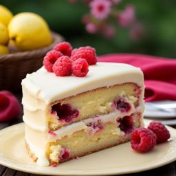 raspberry lemonade cake with lemon icing, savored at a summertime barbecue. 