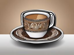 Coffee Cup on Saucer Sticker - Coffee cup placed on a decorative saucer, ,vector color sticker art,minimal