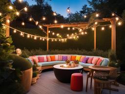 Candy Land terrace showcases bright outdoor seating, playful decor, and whimsical lighting, creating a vibrant space for outdoor relaxation.  